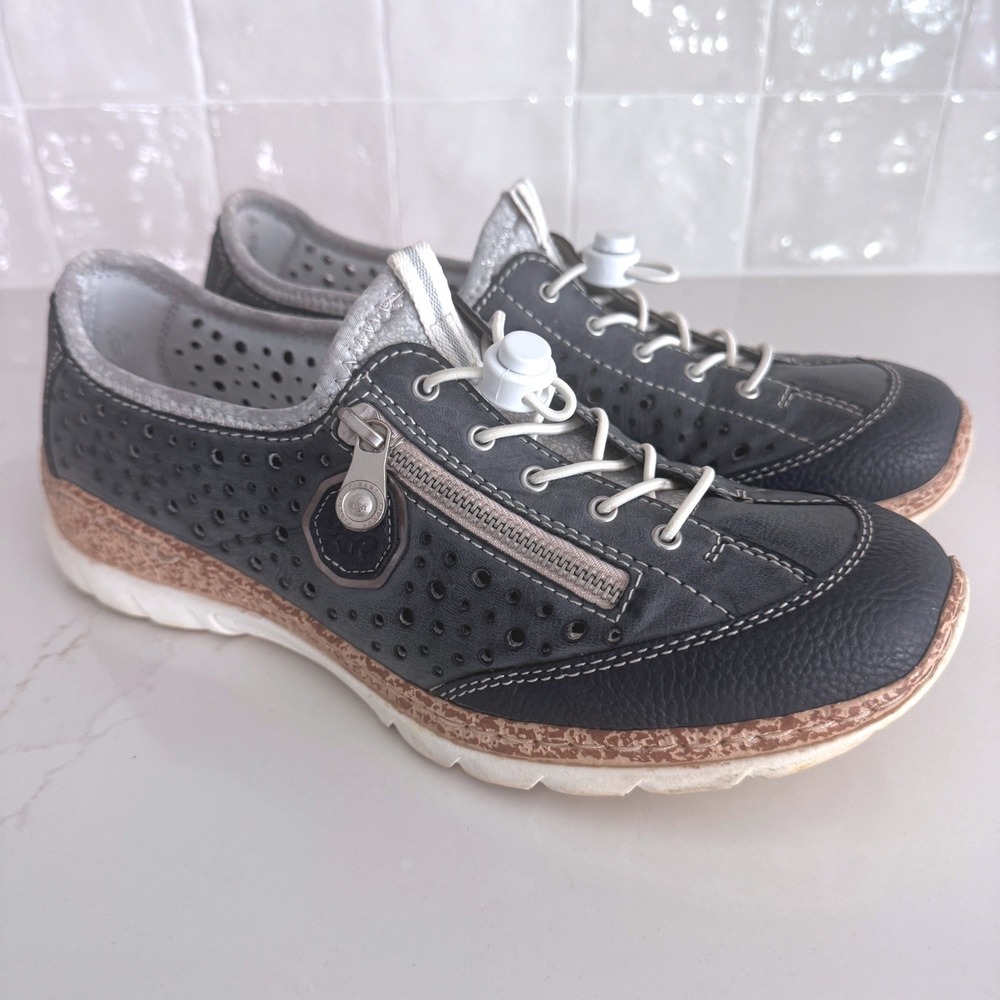 Rieker Nikita P6 Memosoft Sneaker Women 10 Blue Perforated Leather Bungee Zip